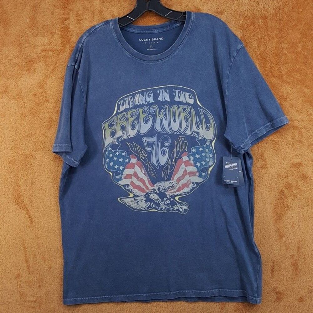 LUCKY BRAND Shirt Mens XL Blue Vintage Wash Free World 76 Graphic Tee T-Shirt